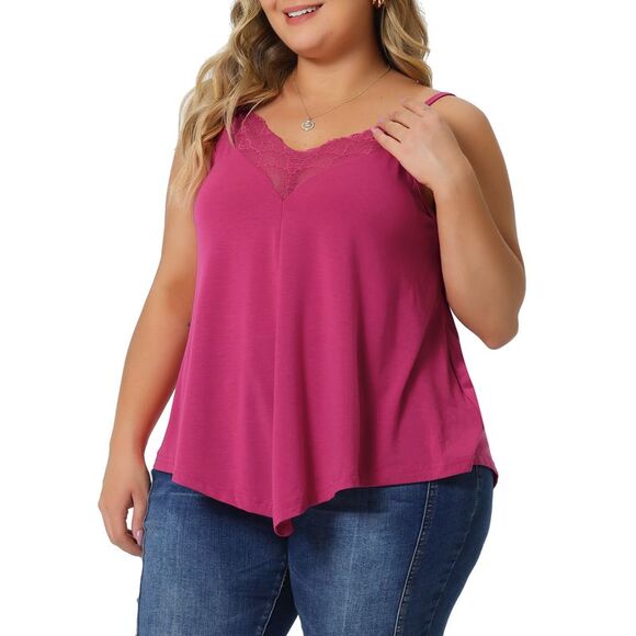 Plus Size Cami Tank V-Neck Lace Front Camisole Spaghetti Strap Tops Fuchsia - Picture 2 of 6